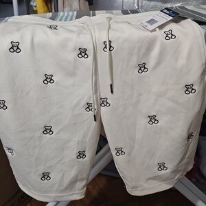 Cream Athletic Drawstring Shorts with Embroidered Teddy Motifs